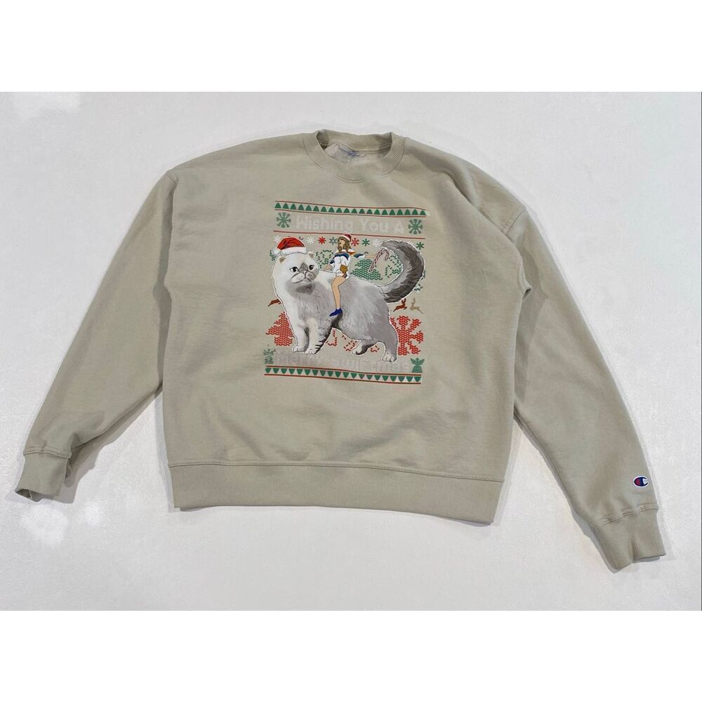 Champion Taylor Swift Merry Swiftmas Christmas Crewneck Sweatshirt Small Beige G